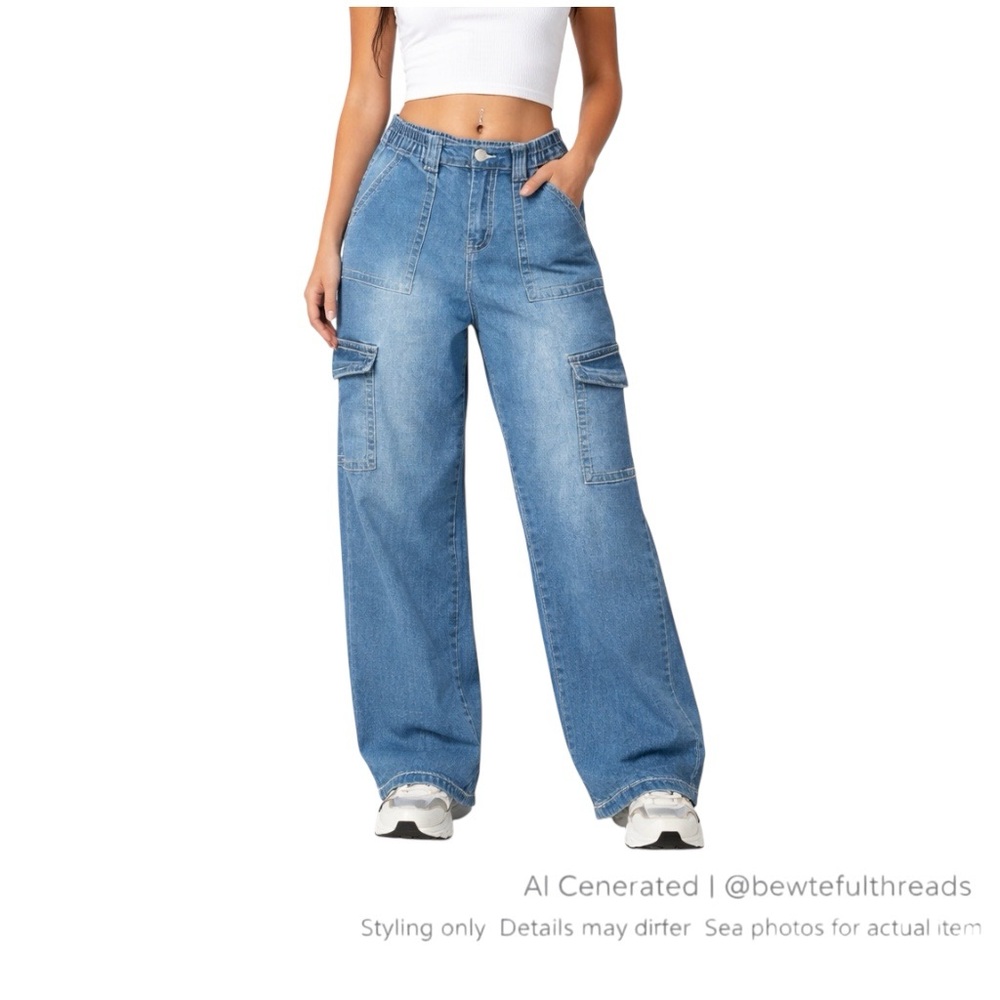 Almost Famous Size S 6 Baggy Cargo Wide Leg Jeans Blue Contrast Stitch Y2K